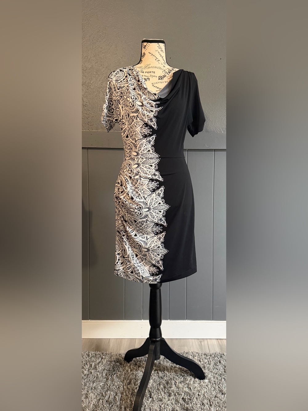 BCBGMaxAzria Black Dress with White Lace-Style Side Panel